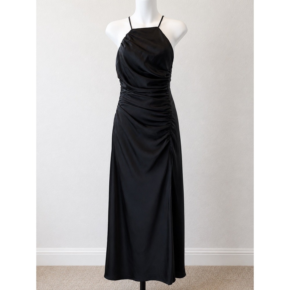 ASTR The Label‎ Halter Satin Maxi Dress Womens S Black Ruched Side Slit Formal